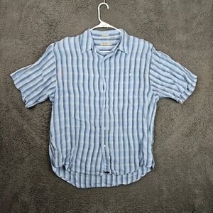 Indigo Palms Mens 100% Irish Linen Short Sleeve Button Down Striped Shirt Blue L